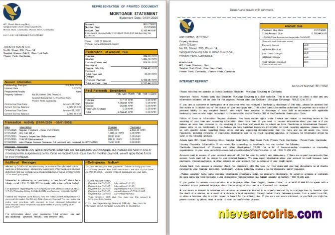 Cambodia Acleda bank mortgage statement, 3 pages,  1-2